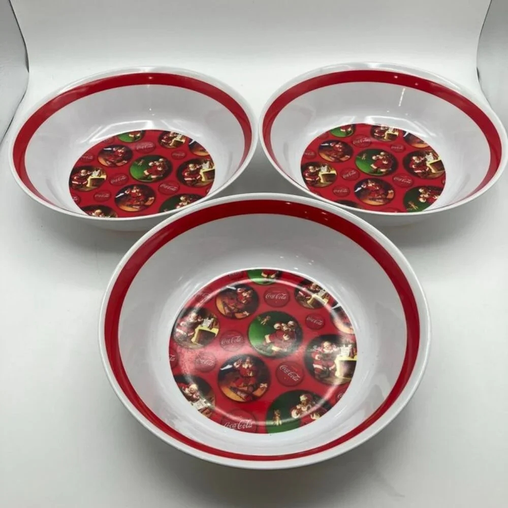 3 Coca-Cola Coke Holiday Santa Christmas Serving Bowls 10” inch Plastic Bowl EUC